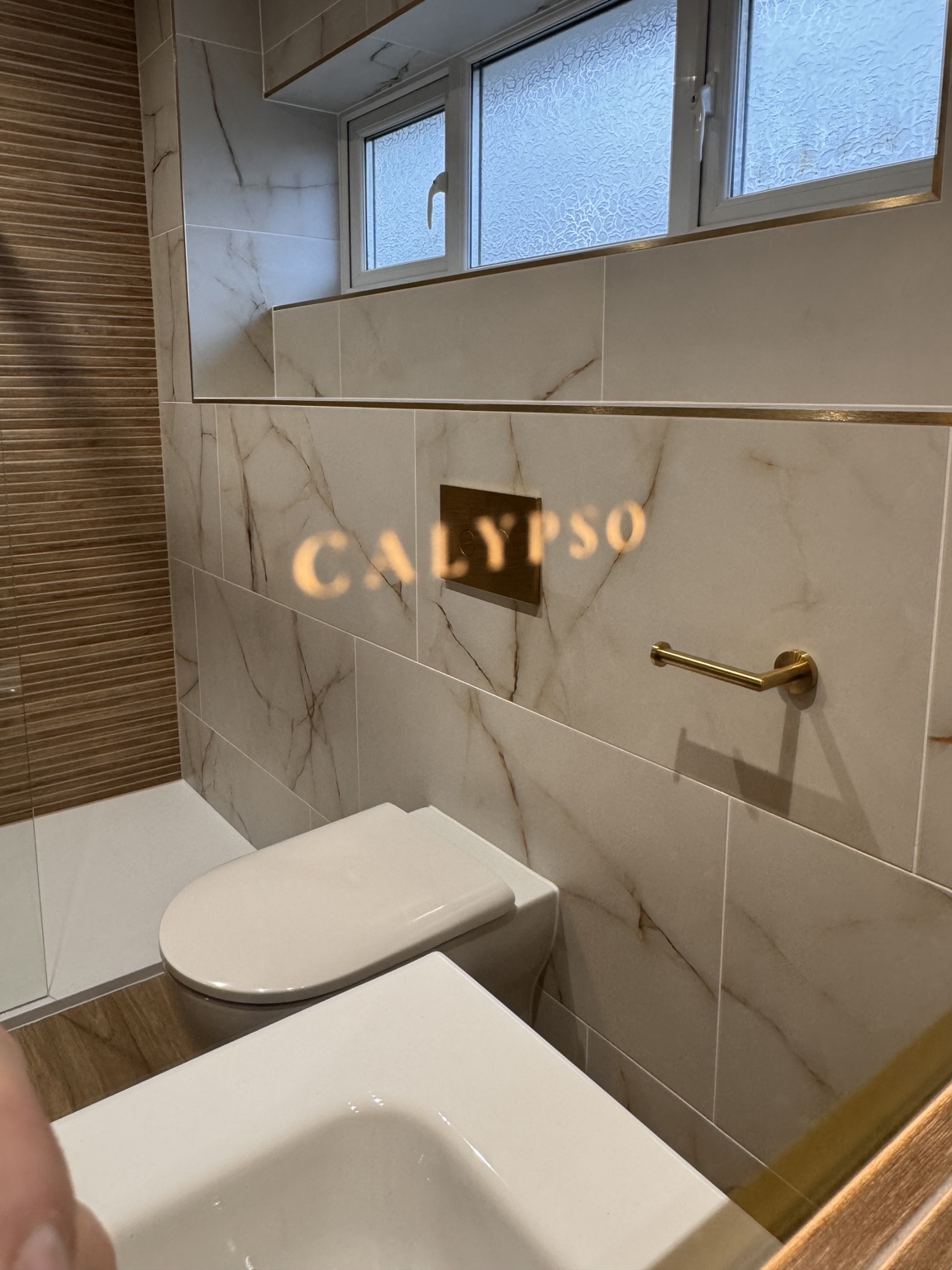 Concealed cistern and brass flush plate beside the shower